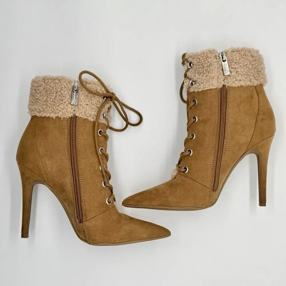 JESSICA SIMPSON Ankle Boots Women's Sz 5.5 Tan Stiletto Heel Vegan Faux Fur Cuff
